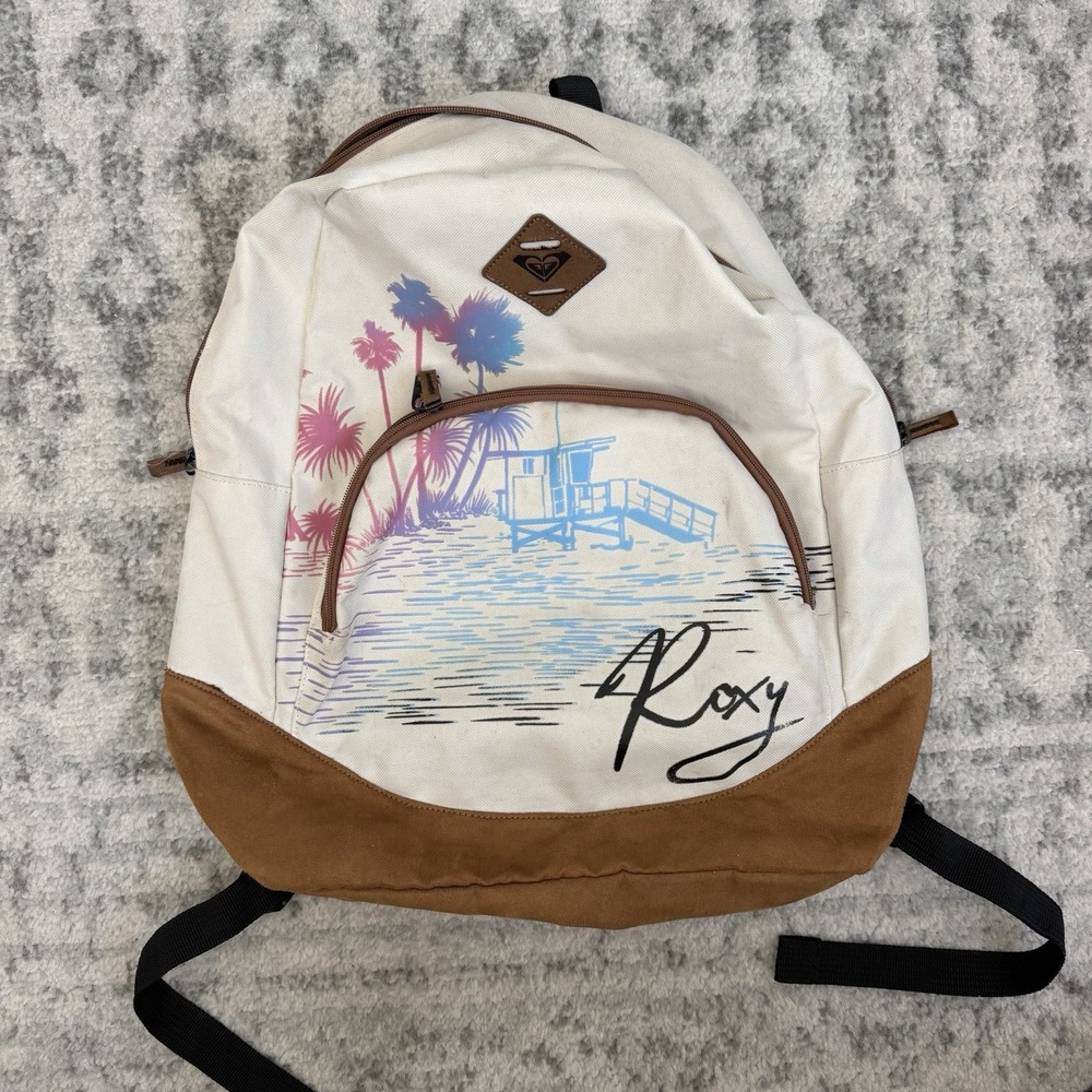 Roxy Beach Scene Backpack White Brown Faux Suede School Travel Laptop Bag